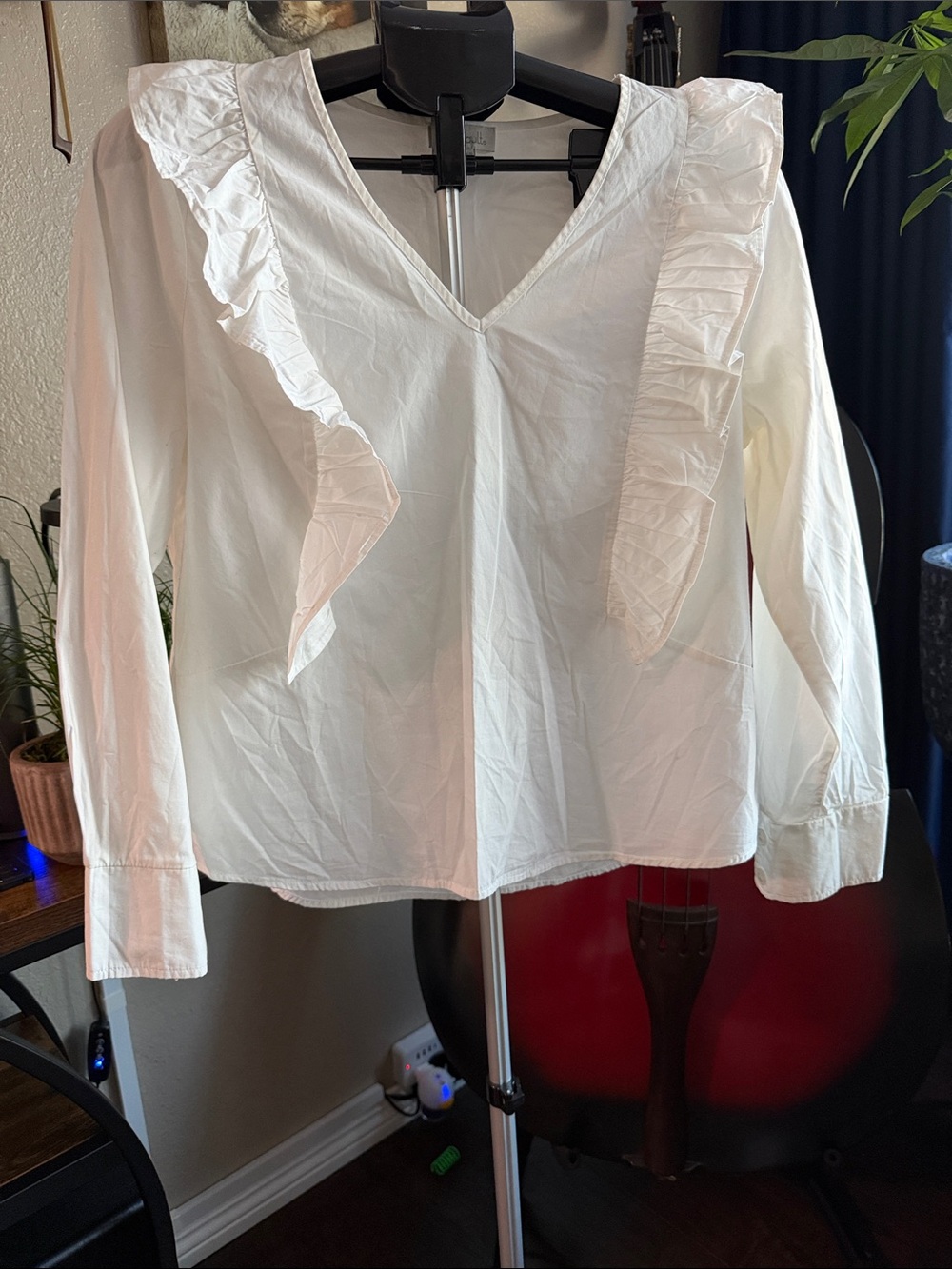 Chenault White Ruffle V-Neck Long Sleeve Blouse